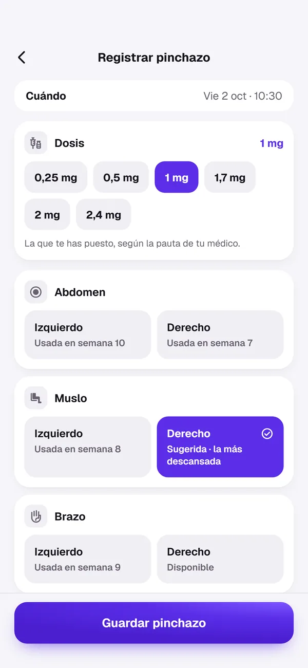 Registrar pinchazo: dosis y zonas del cuerpo, con la zona sugerida marcada.